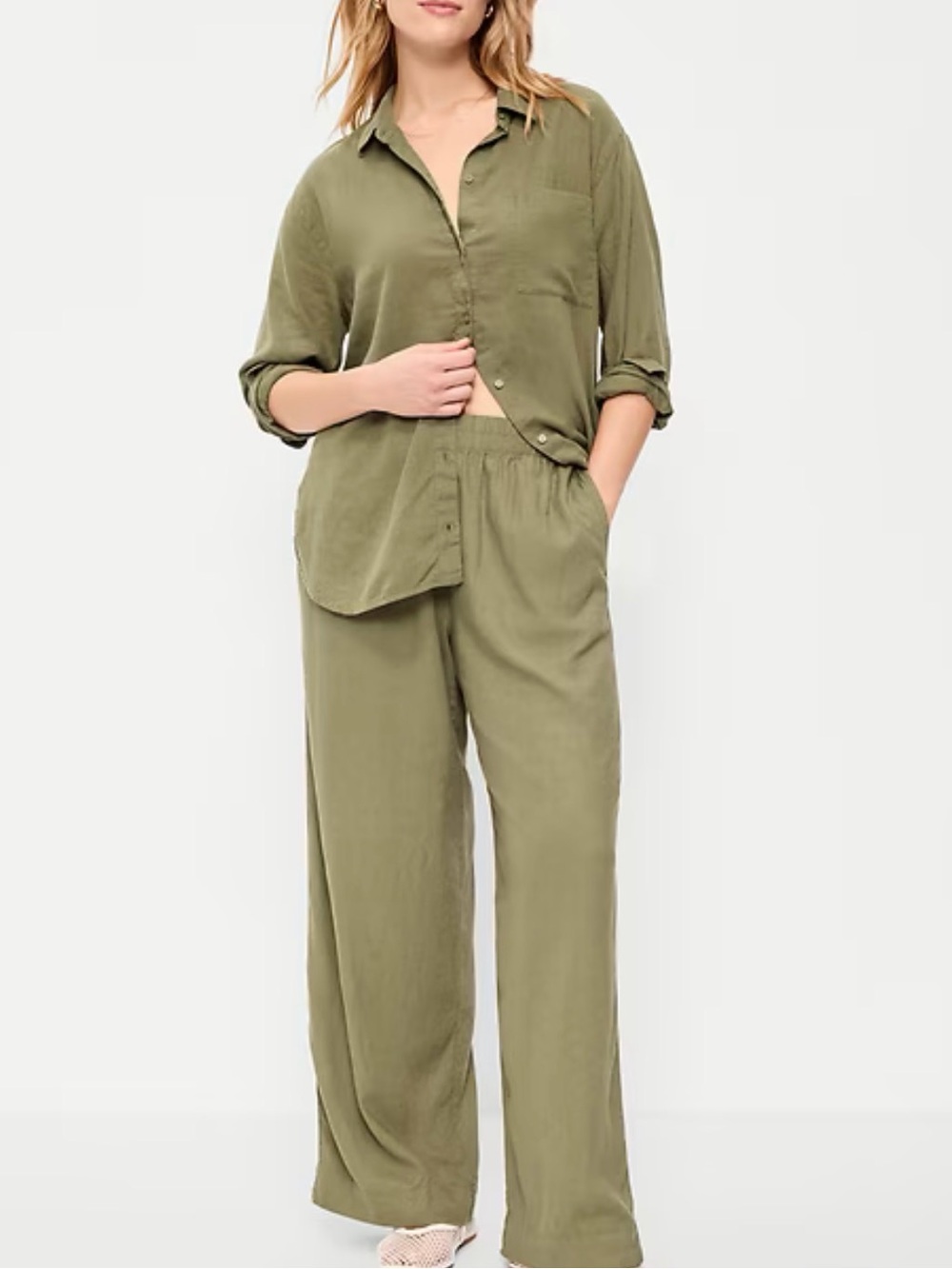Relaxed Hight Rise Wide-Leg Pants in Olive Green